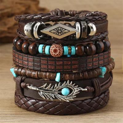Feder Böser Blick Ethno 6er Set Holzperlen Armbänder Hand Bohemia Herren Damen Schmuck Zubehör