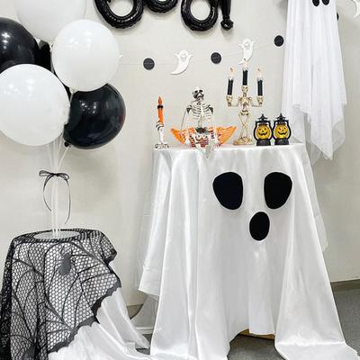 Yousheng Halloween Spökbordsduk Vit Och Svart Spöklik Bordsduk Rolig Och Läskig Matsalsbordsaccessoar för Fester Godisbuffé Fotobakgrunder