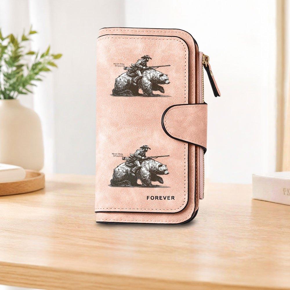 Cowboy Riding a Bear Long Zipper Wallet, Large Capacity Card Holder, Unisex Clutch Bag, Fashionable Zipper Coin Purse, Suitable for Daily Use, A