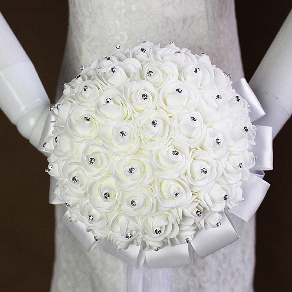 M-Modern-White Rhinestone Ribbon Bridal Wedding Bouquet Handmade Artificial Holding Flowers For Wedding, Bridesmaid Bouquets