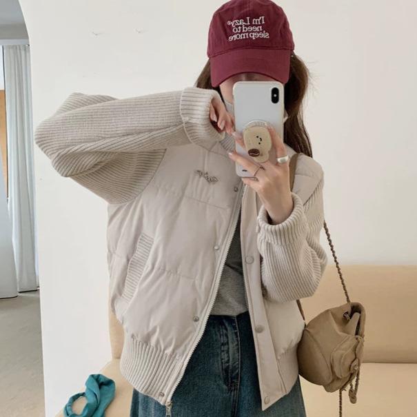 College style design splicing knitted cotton clothes women's winter stand-up collar small fragrant style foreign style age-reducing cotton-padded clot