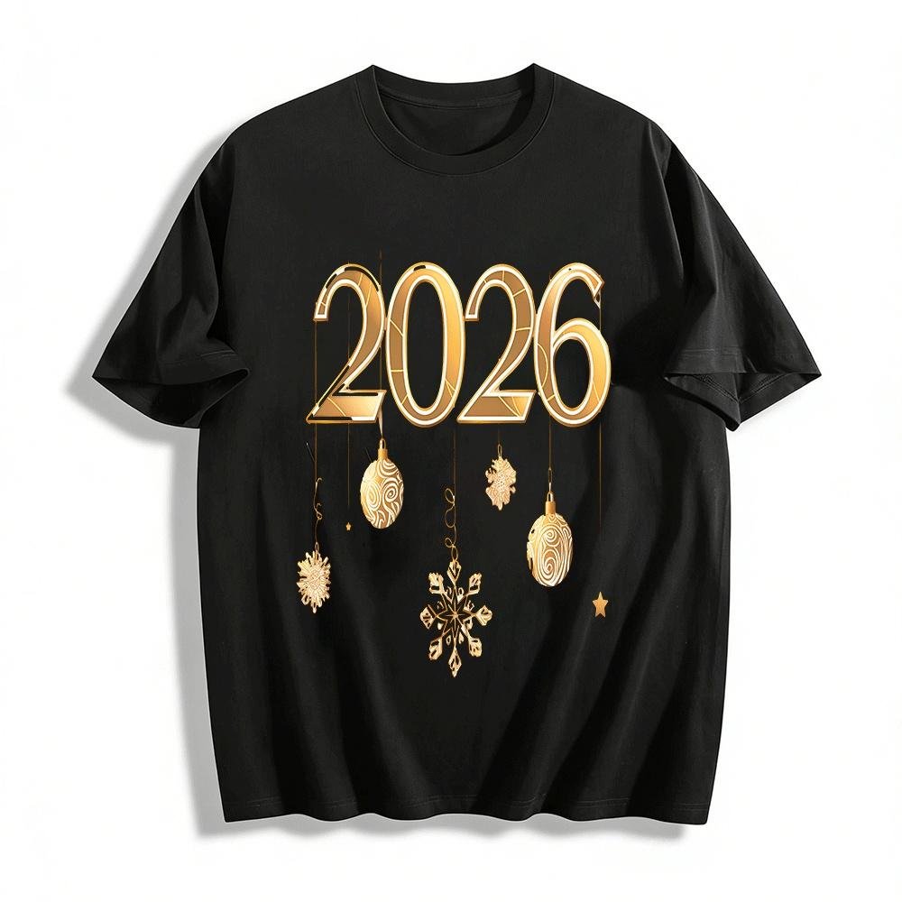 2026 New Year Themed Gold Print Snowflake Ball Casual Sweatshirt Pure cotton T-shirt XXS