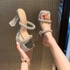 Fashion Rhinestone Sandals Women's Shoes 2025 Summer Trend Fashion Square Toe Crystal Heel Slippers Simple Shiny Vacation with Skirt
