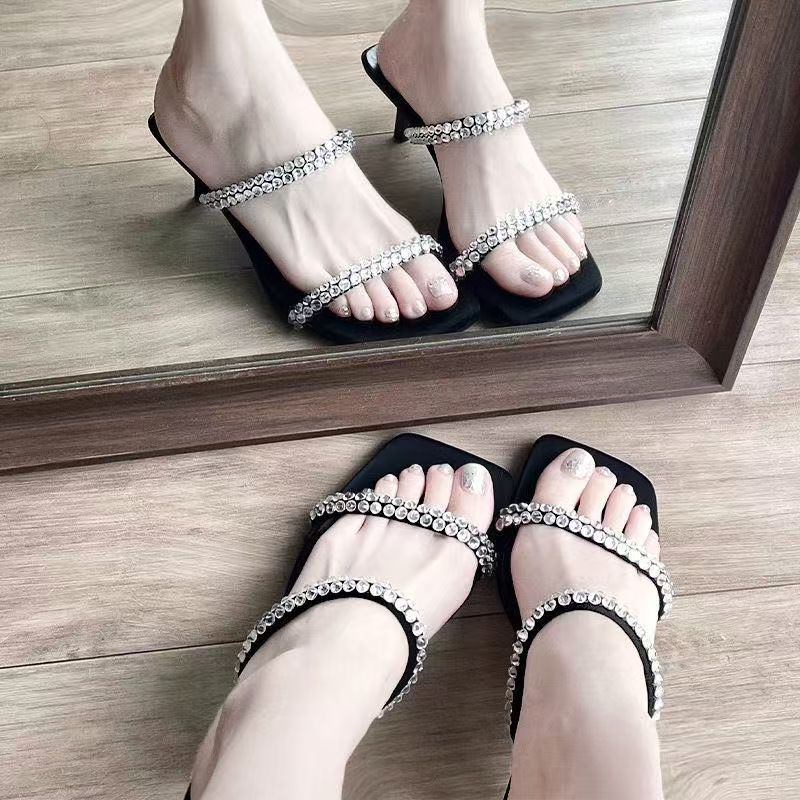 Rhinestone Square Head Thin Heel with Sandals Women's Summer 2025 New Wear European and American Niche High-end Single Shoes