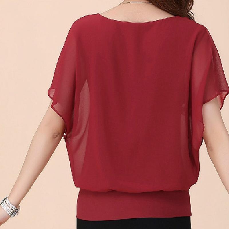 Summer New Solid Color Chiffon Shirt Sweet Short-Sleeved T-shirt Large Size Women's Clothing