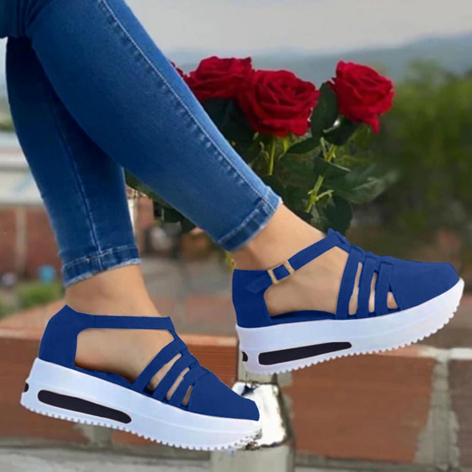 

Жіночі модні сандалі на танкетці з ремінцем на пряжці, жіноче повсякденне однотонне взуття 37 синій