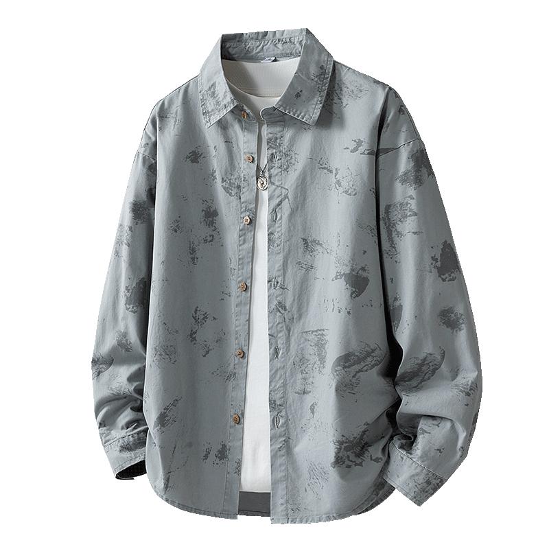 

Men s Vintage Print Long Sleeve Button Down Shirt - Casual Loose Fit for Streetwear S сірий