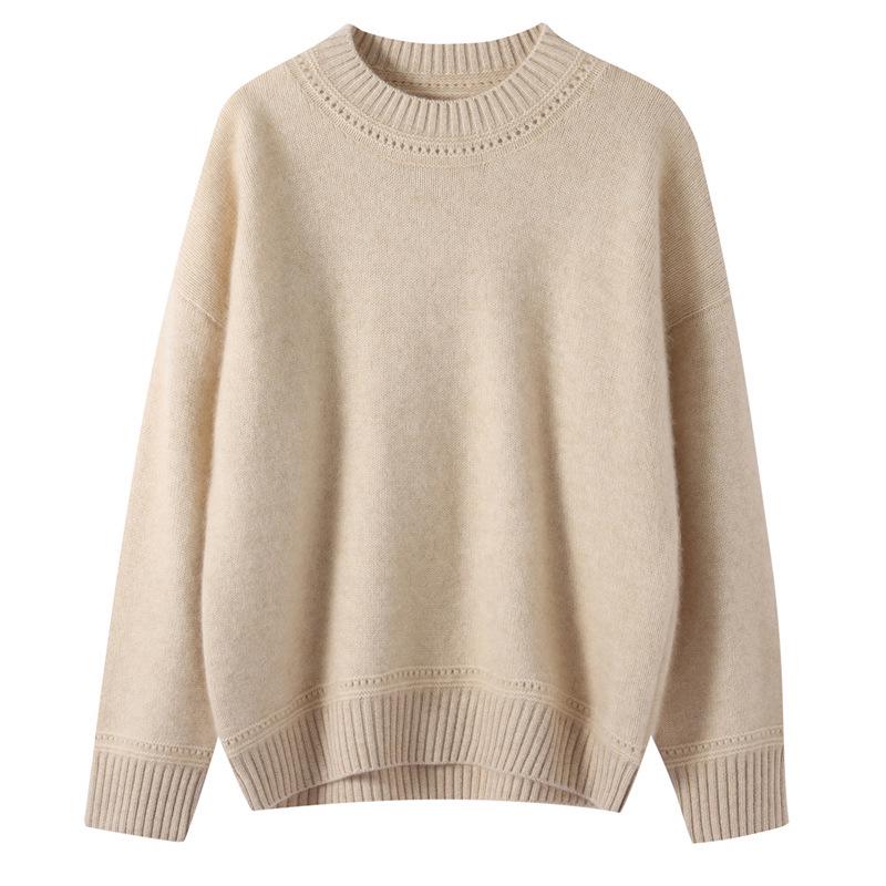 Women's 1980 Marled Yarn Round Neck Cashmere Sweater - Three-Strand Thick, Loose & Casual for Middle-Aged Moms