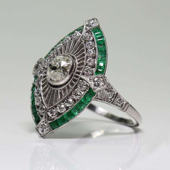Yousheng Women Ring Shiny Rhinestone Inlaid Two-tone Geometry Electroplating Art Deco Gift Natural Emerald Faux Gemstone Engagement Wedding Ring for