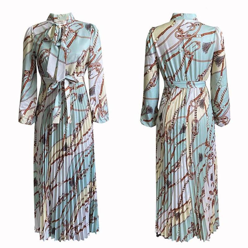 

Dress Large Pleated Lace-up Size Dress Sleeve Printed Spring Long Ol Long