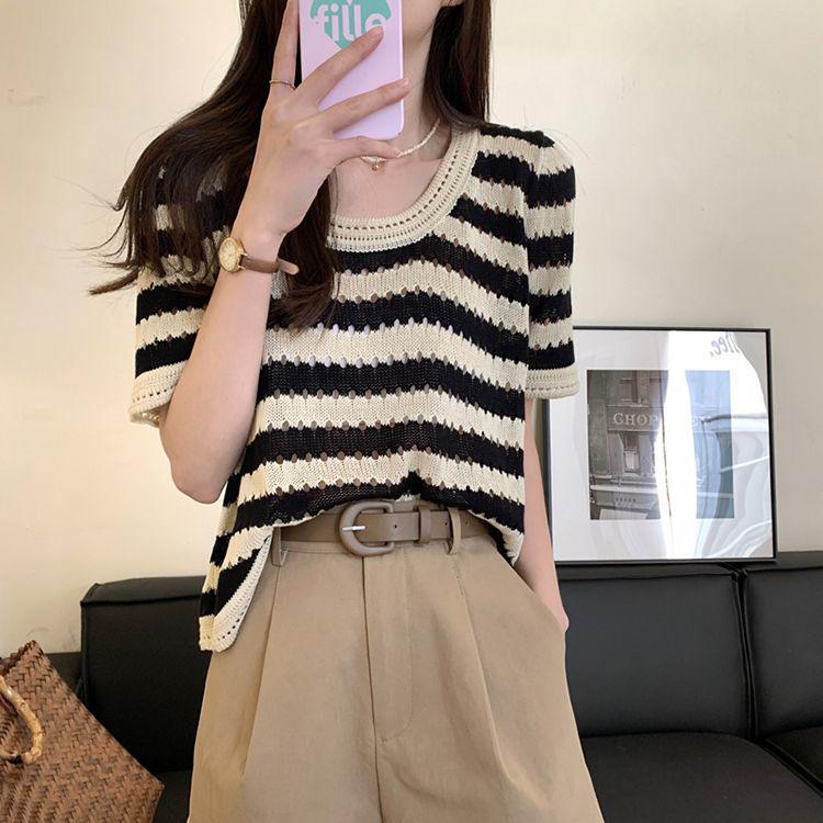 

Women s Retro Stripe Crew Neck Hollow Out Knit T-shirt 2025 One Size [Recommended for up to 125 lbs]
