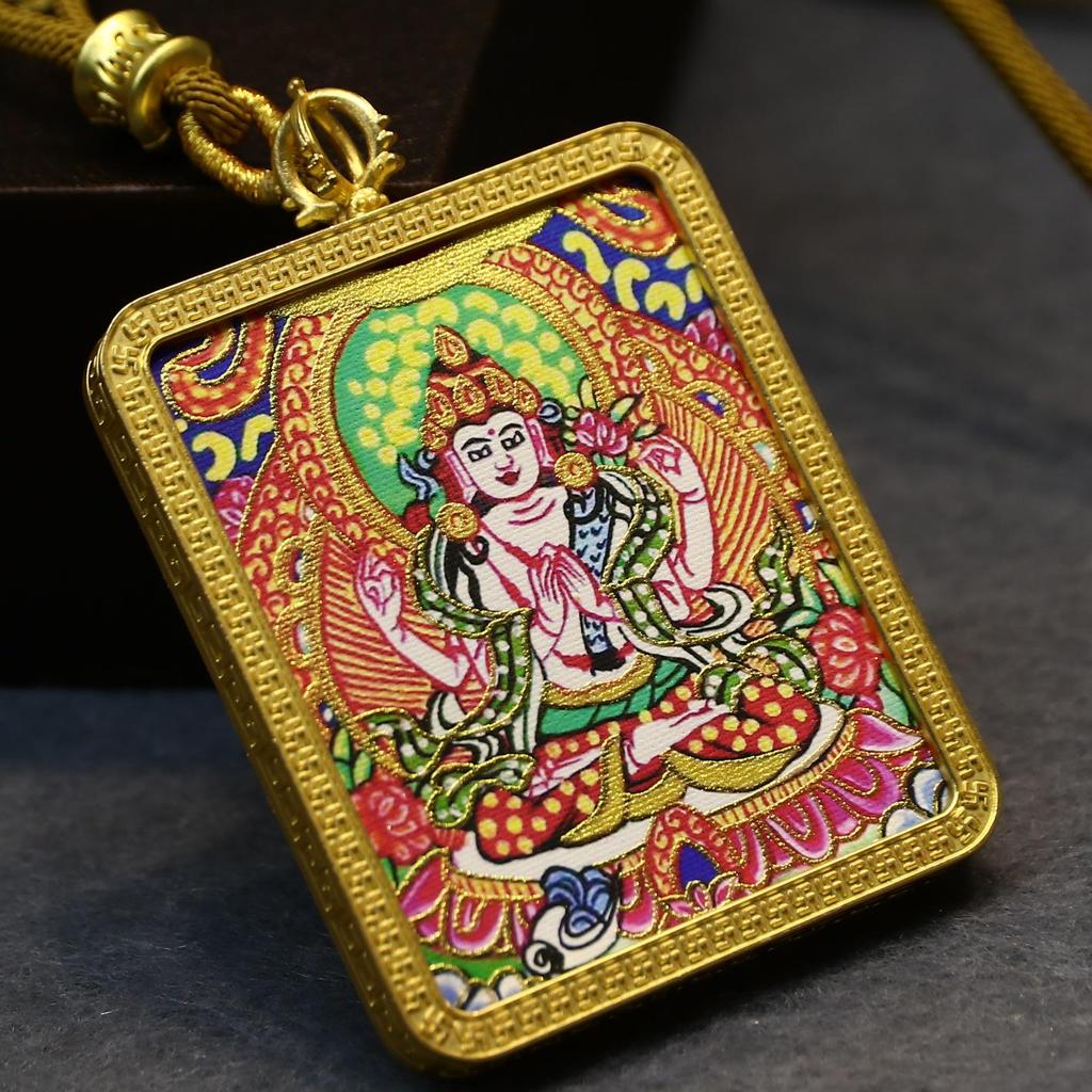 Gold-Painted Tibetan Thangka Pendant with Eight Guardian Deities in Zhakiram Mahakala Gau Design