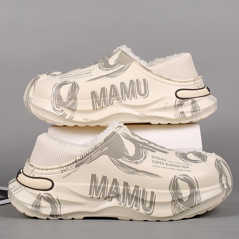 

Модные зимние меховые тапочки для мужчин, теплая домашняя обувь из хлопка, водонепроницаемая садовая обувь, сандалии, полуслайды 44-45 серый/бежевый