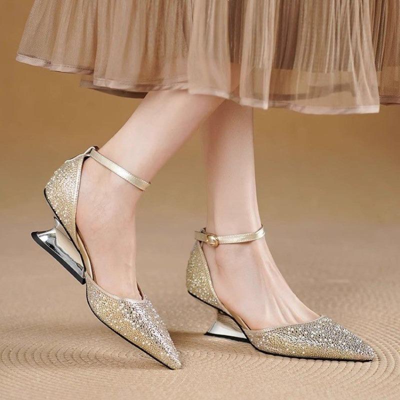 Hollow Rhinestone Baotou One Strap High Heels Summer Pointed Toe Shallow Mouth Special Heel Sandals