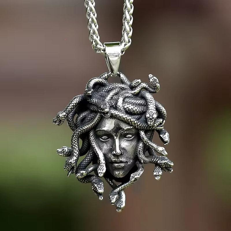 Vintage Snake Woman Medusa Statue Mythical Pendant Necklace