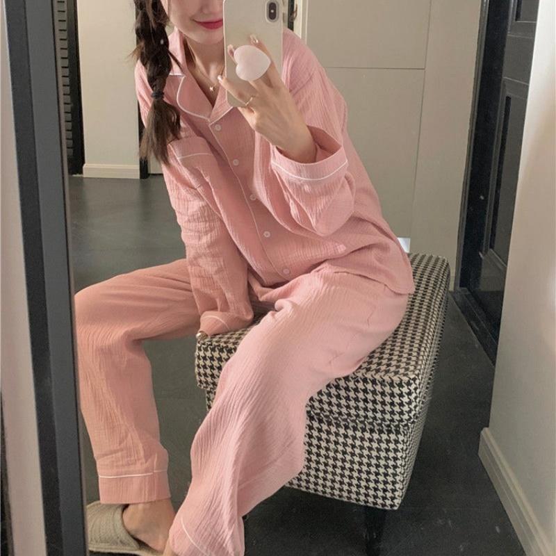 Autumn Women's Long-Sleeved Pajamas Homewear Set of Sweet Girls Long Trousers Pajamas Bubble Cotton Casual Homewear