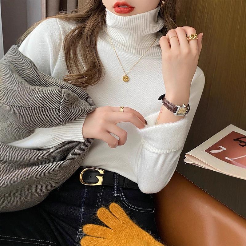 Fleece Sweater Women's Autumn and Winter Integrated Fleece Thickened Knitted Bottoming Shirt Turtleneck Pullover with Large Size Thermal Top Inside