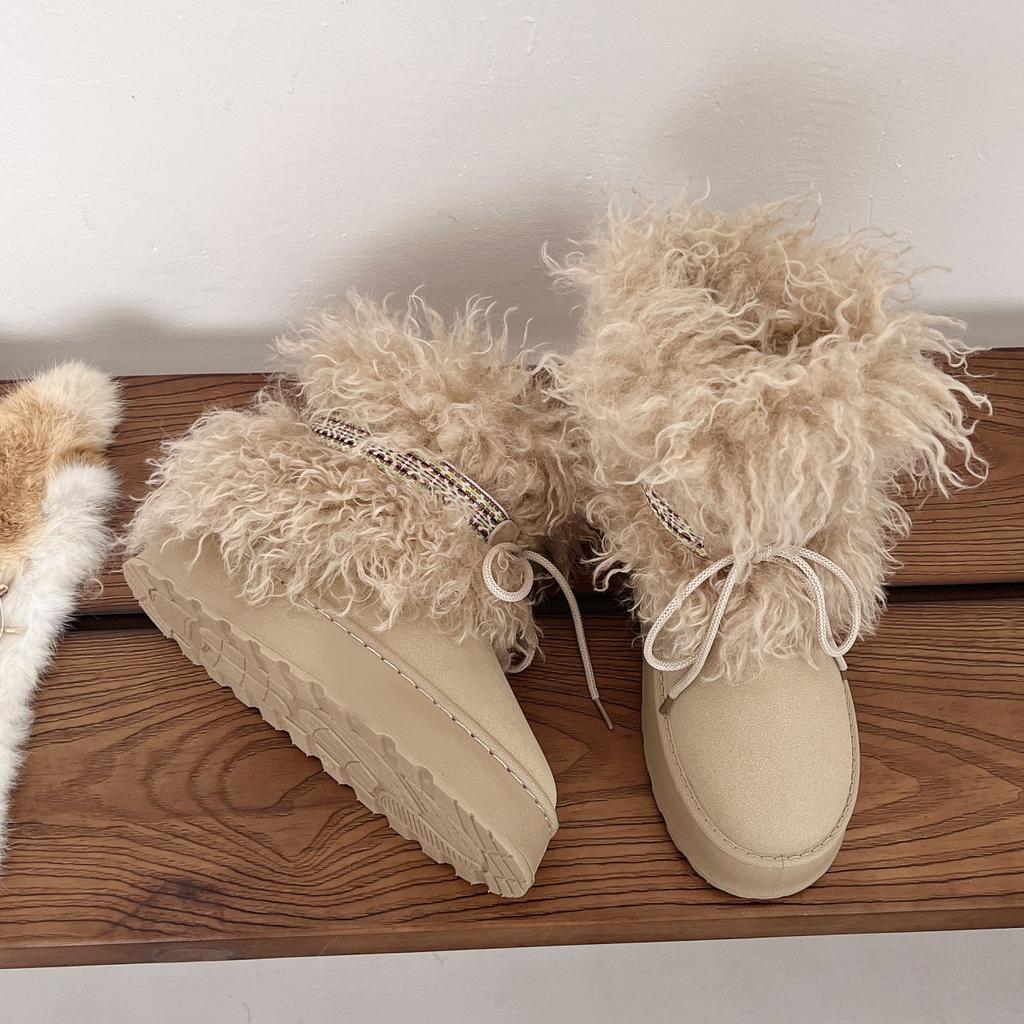 Fashion Fluffy Snow Boots Women's 2025 Autumn and Winter Retro Piled Thickened Medium Boots Warm Non-slip Thick-soled Cotton Boots