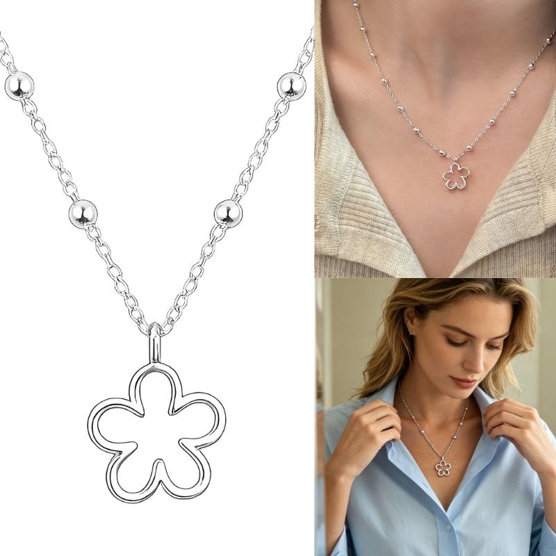 Silver Tone Flower Pendant Necklace for Women with Open Outline Design, Alloy Chain Jewelry for Date Night, Daily Wear and Commute Looks