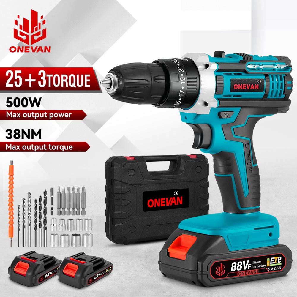 ONEVAN Electric Impact Drill 25+3 Torque 500W Cordless Electric Screwdriver Woodworking Power Tool For Makita 18V Battery Pin