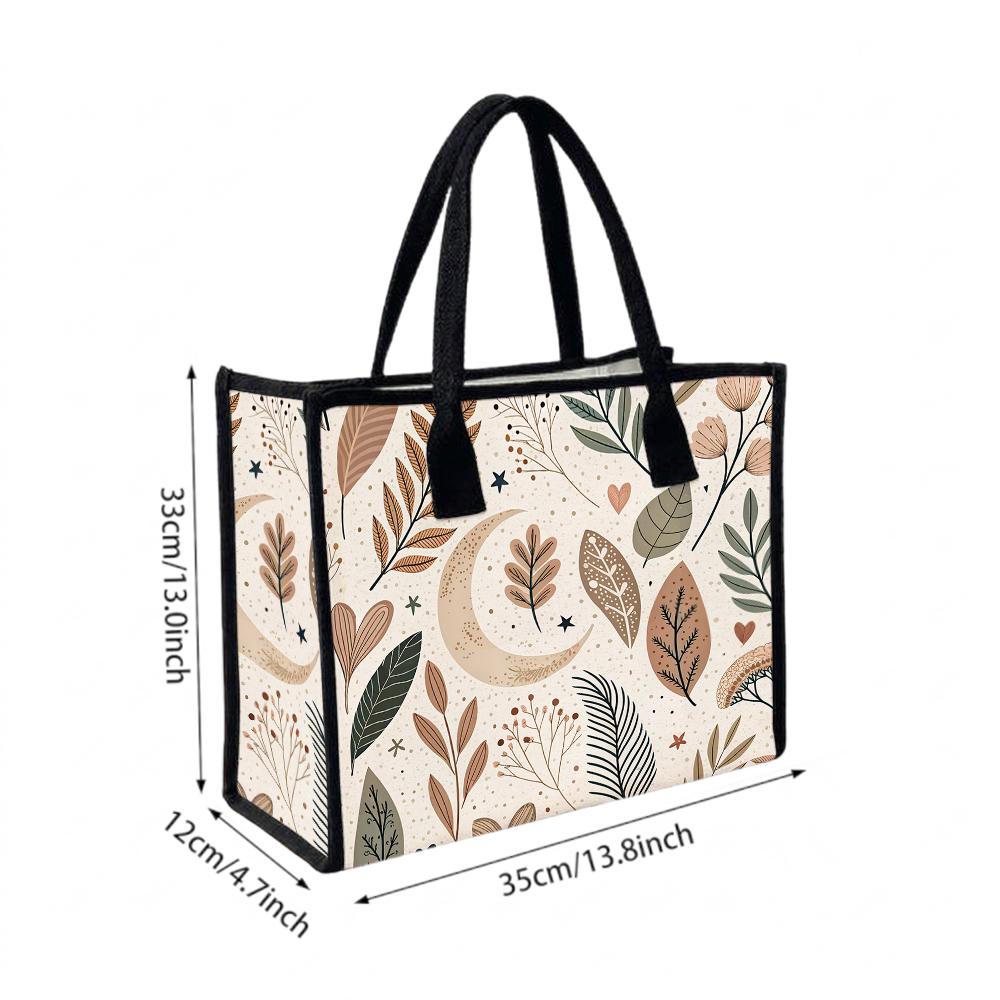 Boho Moon Leaf Print Tote Bag for Women Casual Daily Outdoor Shoulder Handbag Stylish All Match Shopping Purse