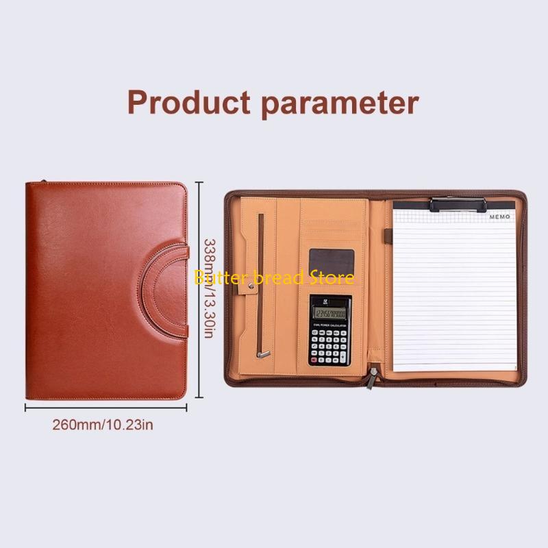 W89C Leather Conference Folder Zippered Business Document Case with Calculator Clipboard Multiple Pocket Card Holder Pen Slot