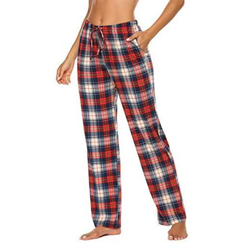 European and American Women's Plaid Print Casual Sleep Pants - Drawstring Loose Fit