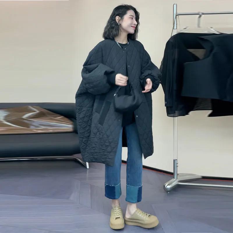 

Женский зимний длинный ветрозащитный плащ с круглым вырезом, свободная куртка в ромбовидную клетку XS чёрный