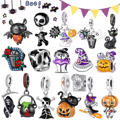 Halloween Charms Gothic Witch,Pumpkin Cute Bat Skull Beads Charm Fits Brand Bracelet Necklace Fine Halloween Jewelry Gifts