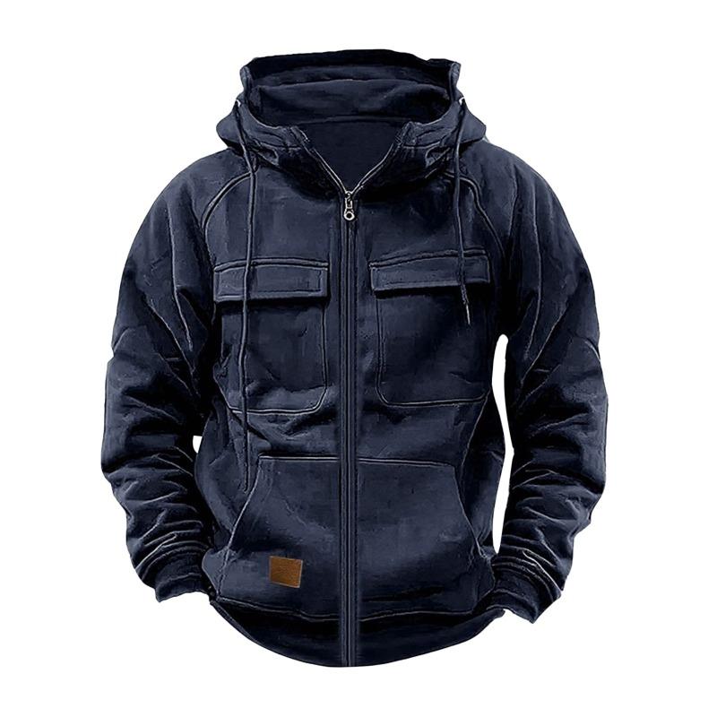 Men S Hooded Solid Color Loose Fit Multi Pocket Zip Sweatshirt