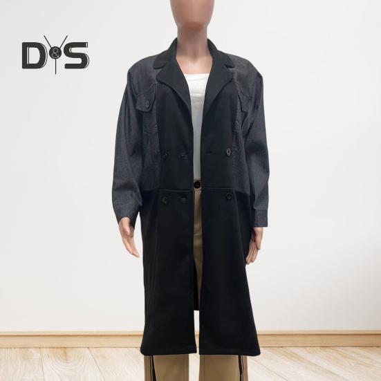 Dámské Jaro Podzim Kabát Džínová bunda Kabát Patchwork Dvouřadý s kapsami s klopou Colorblock Dámský kabát střední délky