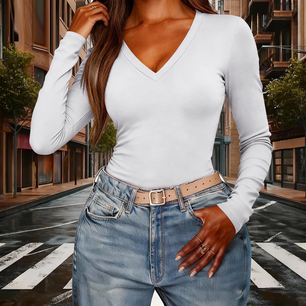 Women's Color V,Neck Slim,Fit Long,Sleeve Top