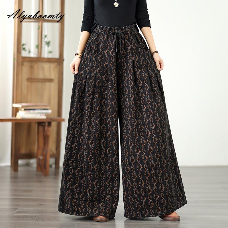 

Джинсы женские уличные в корейском стиле на осень и весну, с высокой талией, на кулиске, с цветочным принтом, широкие джинсовые брюки, повседневные свободные винтажные джинсы больших размеров XXL