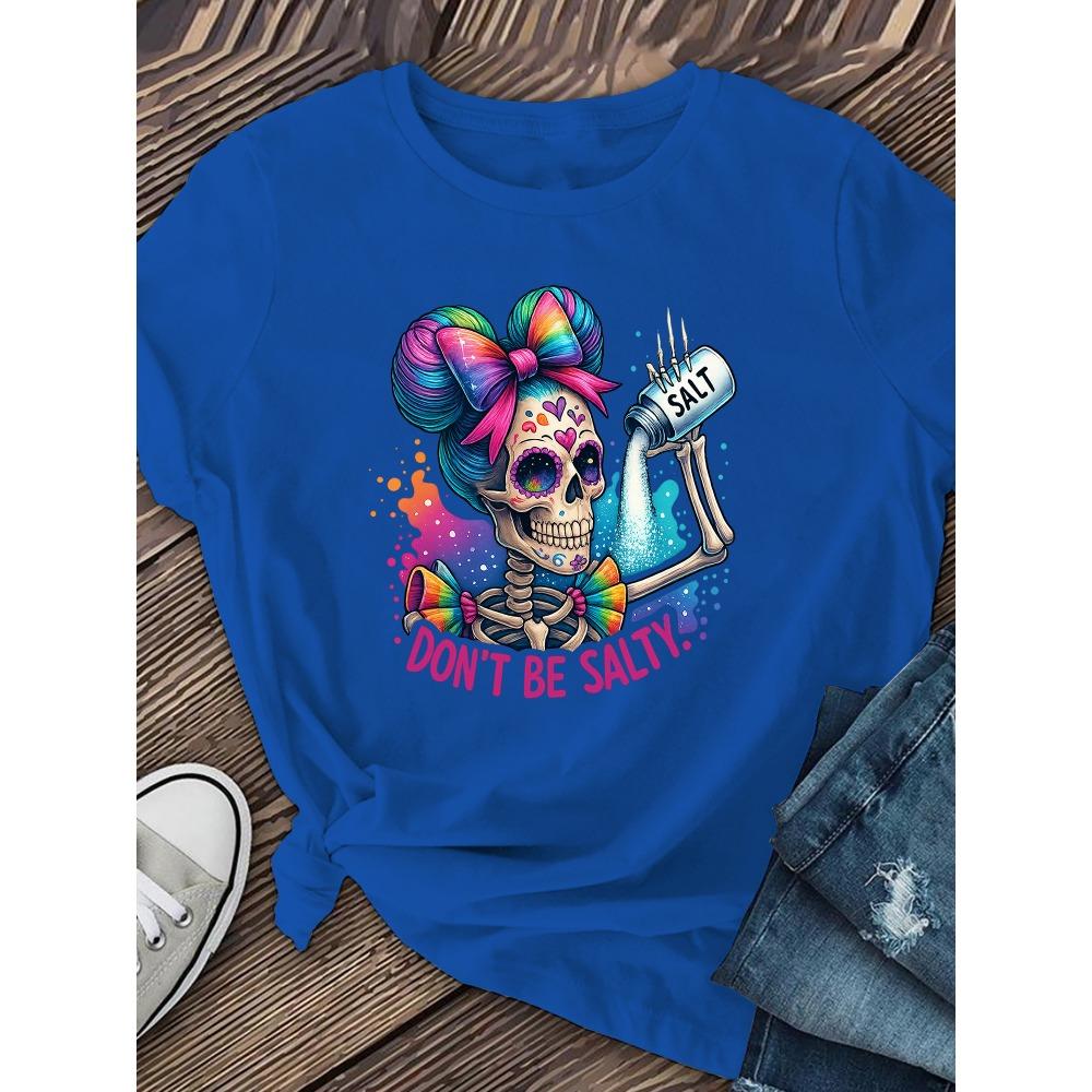 Women Cotton Short Sleeves T-shirts Don't Be Salty Women's Tee Colorful Sugar Skull Graphic Casual White Top