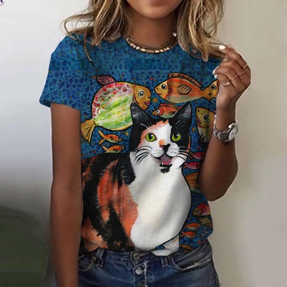 

3D Kawaii Cat Print Женская футболка Топы 2023 Летняя мода Футболки с коротким рукавом с изображением животных Одежда больших размеров 8XL