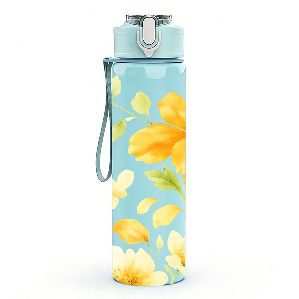 1PC Bright Yellow Daisy Floral Pattern Print 750ml Color Plastic Sports Water Bottle Leakproof Flip Straw Lid Suitable for Sports Office Home Use