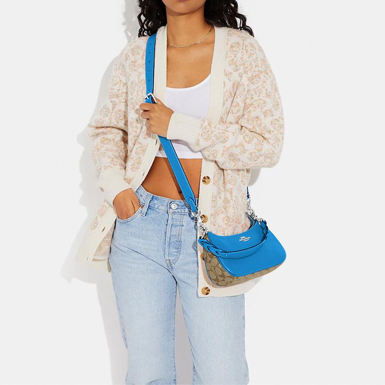 Coach Teri 25 Silver Letter Logo Plaque Zipper Hardware Coated Canvas Pebble Leather Handheld Crossbody Shoulder Bag Women Bags Blue CJ590-SVVRF