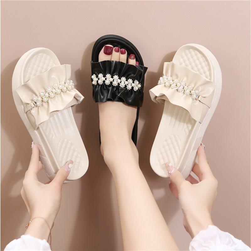 Pearl slippers women's 2025 summer thick-bottomed outer wear Internet celebrity leisure ins thick-bottomed non-slip beach sandals