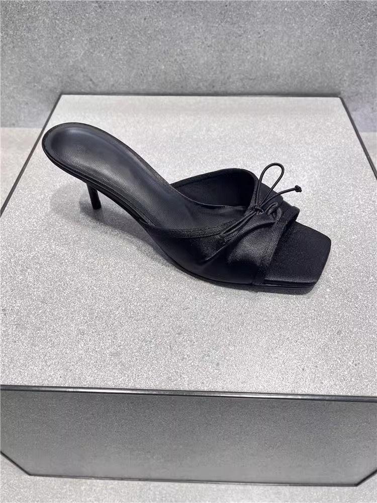 Elegant Slippers Women Solid Leather Solid Color Peep Toe Thin High Heels Ladies Slides Butterfly Knot Outdoor Shoes Plus Size