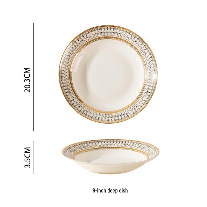 European Style Gold Rim Ceramic Dinnerware Set - Includes Large Bowls, Soup Bowls, Plates, and Rice Bowls for New Year Celebrations.