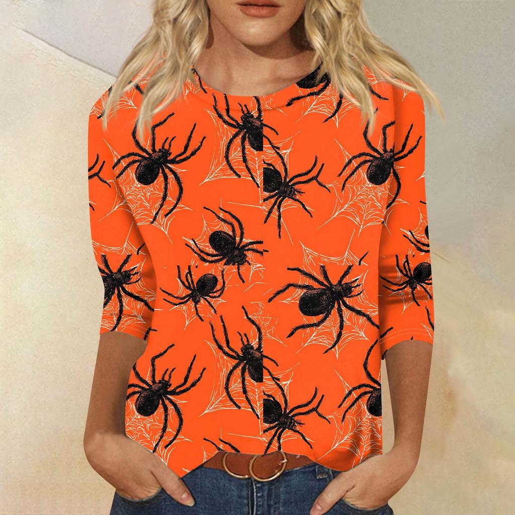 Dámské módní ležérní tričko s tříčtvrtečním rukávem a halloweenským potiskem, s kulatým výstřihem