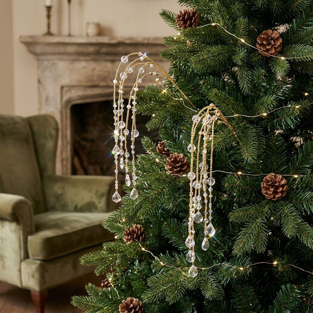 Glitter Finish Xmas Tree Beaded Sprig Multi-Beaded Artificial Christmas Spray Christmas Tree Decor