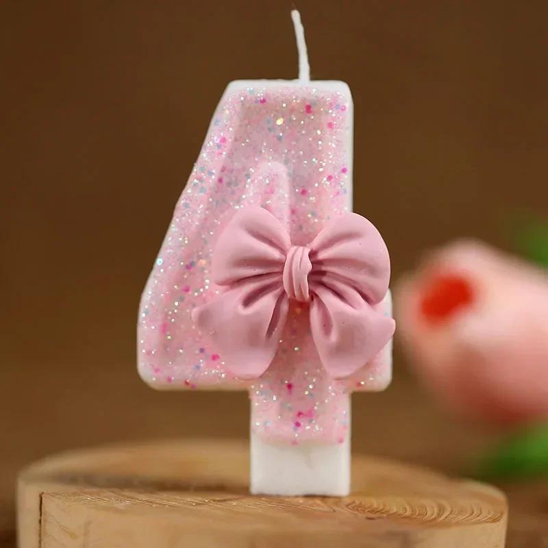 1PCS Cute Sequin Pink Big Number Bowknot Candle 3D Design Cake Topper Decoration Girls Birthday Cake Candles Dessert Ornament