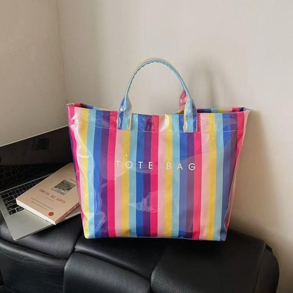 Large Capacity Striped Tote Bag Colorful Shoulder Bag Multi-Functional PVC Handbag Daily