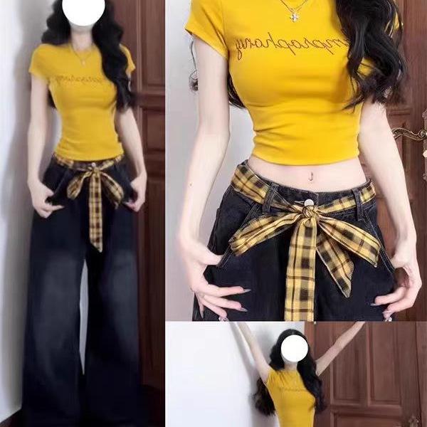 

Yellow Hotfix Rhinestone Short Sleeve T-shirt - Slim Fit American Hot Girl Summer Top Extra Large