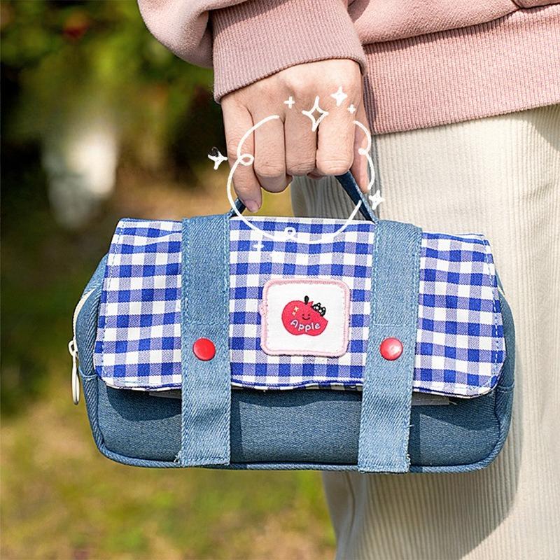 Adorable Bitten Apple Design Pencil Case Sweet American Denim Stationery Organizer with Handle Spacious Pencil Bag for School