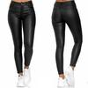 Women Pants Faux Leather Slim Casual Solid Color High Waist Elastic Small Feet Pants for Club