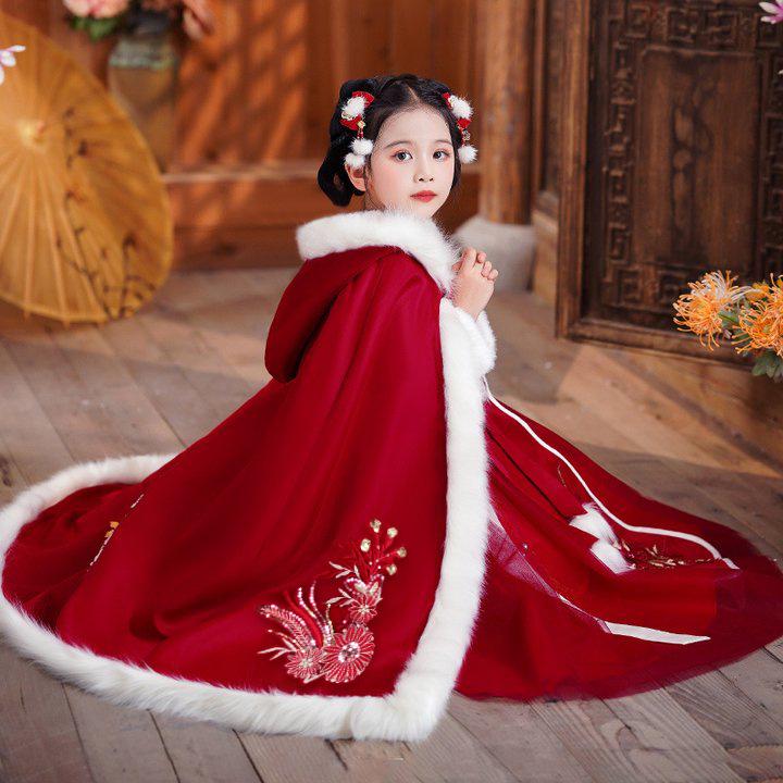 

Зимнее детское платье принцессы ханьфу для девочек 2024 с плащом - Детский осенне-зимний новогодний наряд 150cm