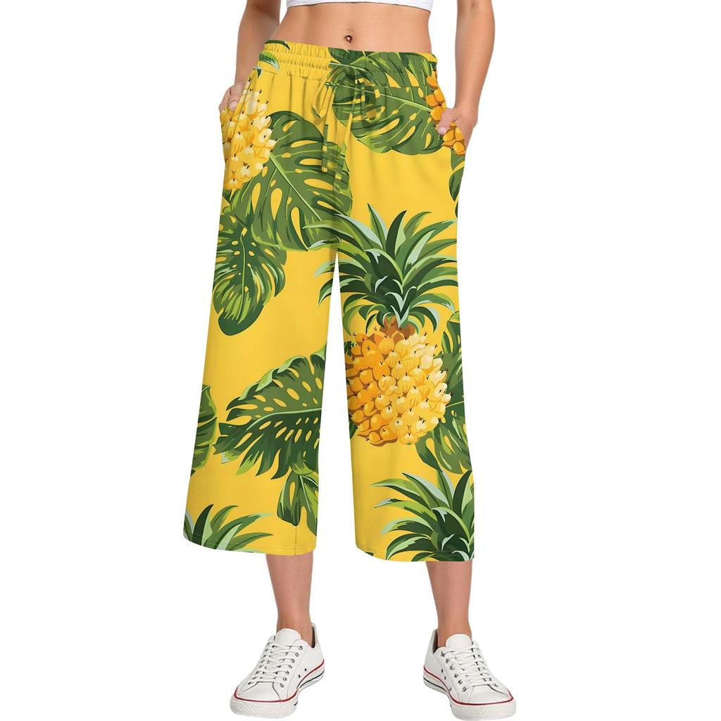Damen Sommer Hohe Taille Bedruckte Freizeit-Sportbekleidung Lässige Cropped-Hose Weite Hose
