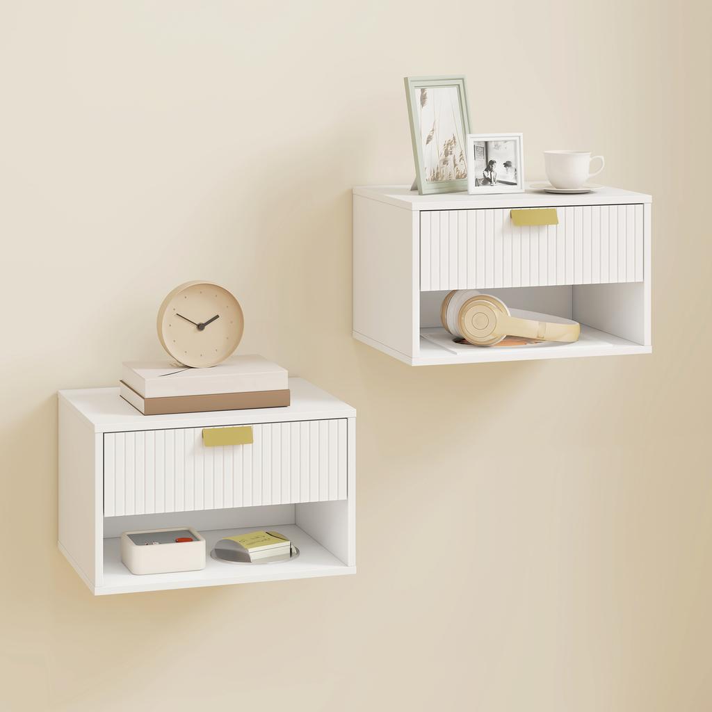 Set of 2 Wall-Mounted Nightstands, Grooved Drawer, Open Shelf, 40x30x25 cm, White